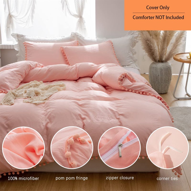 IHOUSTRIY Duvet Cover Queen Size,100% Washed Microfiber 3pcs Bedding Duvet Cover Set, Pom Poms Fringe Solid Color Soft and Breathable with Zipper Closure & Corner Ties - Pink - Image 2
